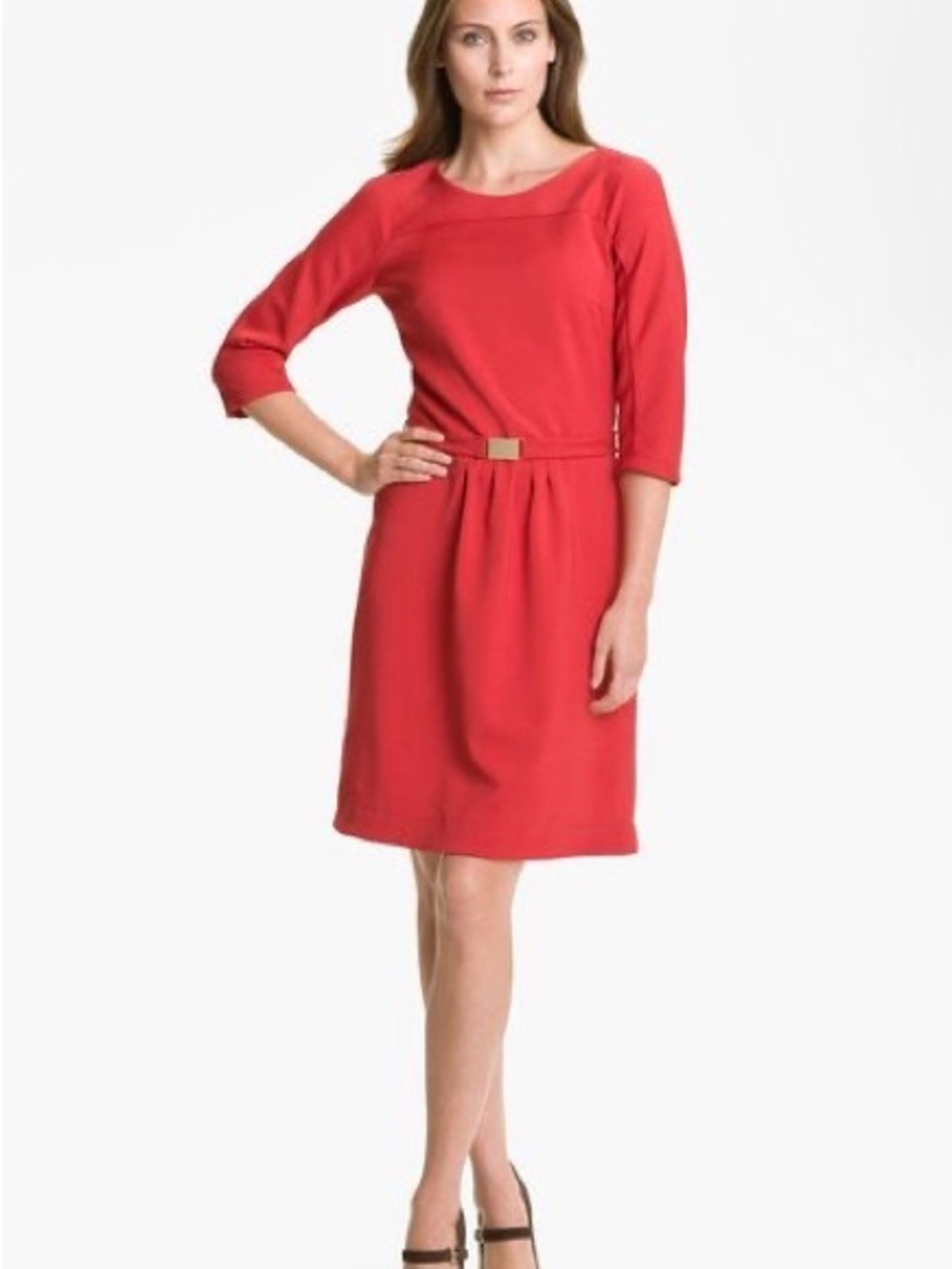 Hugo boss red hillary belted 3/4 sleeve knee length elegant officewear dress